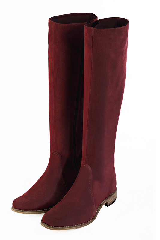Burgundy red women's feminine knee-high boots. Round toe. Flat leather soles. Made to measure. Front view - Florence KOOIJMAN